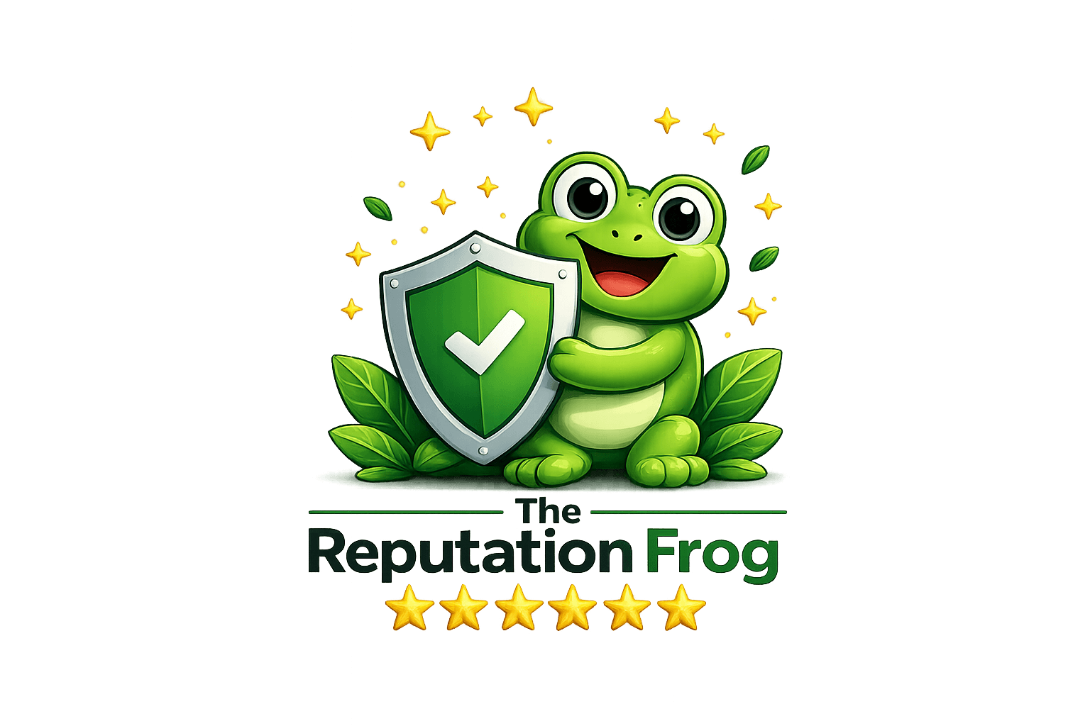 Reputation Frog smiling and holding a large green shield